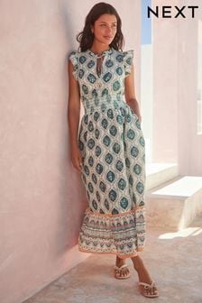 White/Blue Feminine Frill Shirred Waist Summer Dress (616926) | AED184