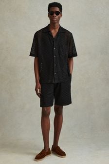 Reiss Black Elvis Cotton Blend Crochet Cuban Collar Shirt (617084) | €170