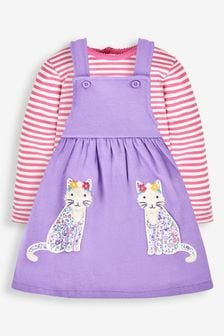 JoJo Maman Bébé Lilac Purple Cat Girls' 2-Piece Appliqué Pinafore Dress & Top Set (619288) | SGD 51