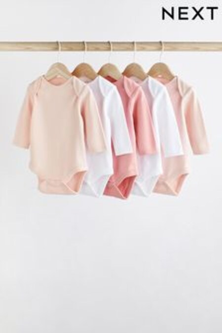 Pink/White Baby 5 Pack Essential Long Sleeve Bodysuits (619349) | €16 - €18
