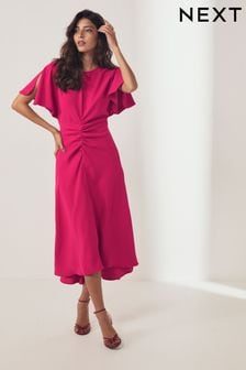 وردي - فستان مكشكش متوسط الطول بكم قصير (620109) | د.ك 12.500