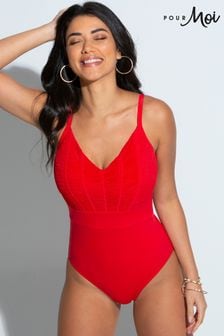 Красный - Слитный купальник с моделируным Плиссированная юбка и сборками Pour Moi (620135) | €62