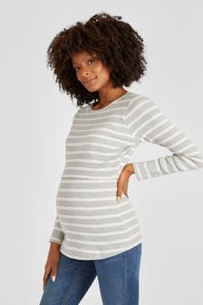 JoJo Maman Bébé Grey Stripe Ribbed Jersey Maternity & Nursing Top (620295) | $65
