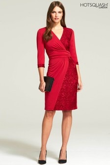 Czerwona sukienka kopertowa z dżerseju z koronkową wstawką HotSquash (622576) | 331 zł
