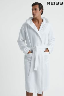 Reiss White Coastal Textured Cotton Hooded Dressing Gown (622607) | $235
