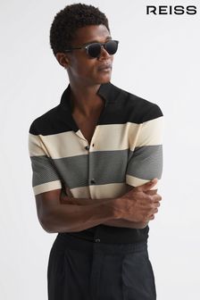 Reiss Black Seville Striped Cuban Collar Button Through T-Shirt (622890) | ₪ 933