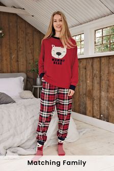 Pijamale de Crăciun cu model urs și carouri pentru femei asortate cu membrii familiei