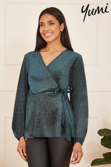 Yumi Green Sparkle Velvet Wrap Top With Long Sleeves (626116) | €26