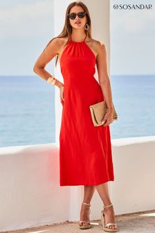 Sosandar Red Neck Fit Linen Halter And Flare Dress (626716) | 391 QAR