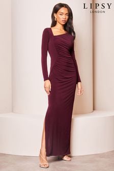 Lipsy Purple Long Sleeve Ruched Front Side Split Maxi Dress (627192) | $124