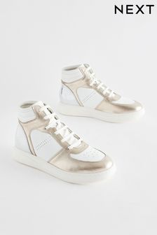 White/Gold Signature Leather High Top Trainers (627306) | kr672