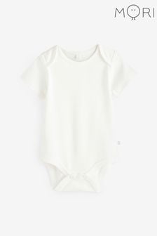 MORI Organic Cotton Short Sleeve Envelope Neckline White Bodysuit (627556) | SGD 35