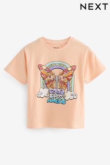 Apricot/Orange/Pailletten/Schmetterling - Langes T-Shirt mit Aufdruck (3-16yrs) (628158) | 16 € - 23 €