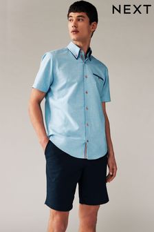قميص بياقة مزدوجة بلون أزرق - تلبيس قياسي - قميص مزيج كتان بكم قصير بتشذيب (631449) | $56