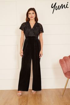 Yumi Sequin Embellished Velvet Jumpsuit With Angel Sleeves