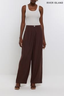 River Island Brown Pleated Palazzo Linen Trousers (632781) | €30