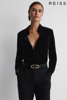 Reiss Black Carly Velvet Button-Through Shirt (632981) | 1,161 QAR