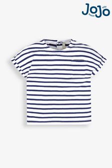 JoJo Maman Bébé White Navy Stripe Stripe Breton Drop Shoulder T-Shirt (633064) | €7.50