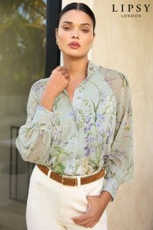 Lipsy Green Floral Long Sleeve Grandad Collar Blouse (633068) | AED176