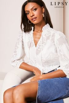 Lipsy White 3/4 Sleeve Burnout Tie Neck Blouse (633109) | AED142