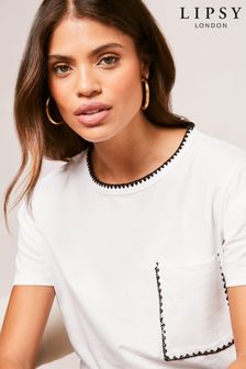 Lipsy White Relaxed Blanket Stitch Round Neck T-Shirt (633414) | 146 SAR