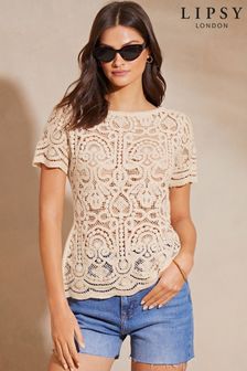 Lipsy Natural Crew Neck Short Sleeves Crochet T-Shirt (633420) | AED163