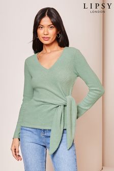 Lipsy Mint Green Cosy Rib V Neck Long Sleeve Tie Front Top (634697) | AED151