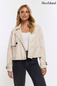 River Island Cream Crop Faux Leather Trench Coat (636571) | OMR31