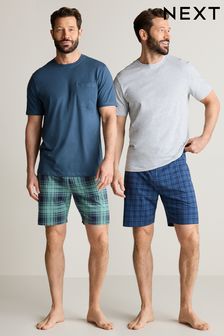 Blue/Grey Check Jersey Short Pyjamas Set 2 Pack (636589) | OMR17