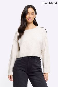River Island Cream Cropped Button Shoulder Jumper (637470) | AED99