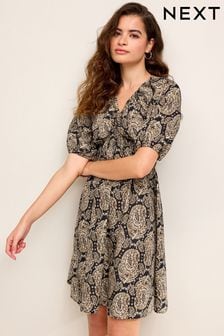 Black/Brown Paisley Print Shirred Waist Mini Dress (639600) | $45