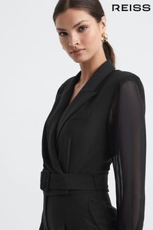 Reiss Flora Sheer Belted Double Breasted Jumpsuit