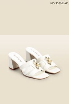 Sosandar White Leather Low Block Heel Chain Trim Mules (639966) | $146