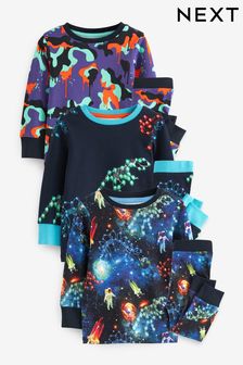 Marineblau/Lila Weltraum-Dinosaurier - langärmelig-Pyjama-Set im 3-Pack (9 Monate bis 8 Jahre) (641218) | 25 € - 31 €