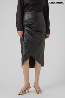VERO MODA Black Faux Leather Ruched Wrap Midi Skirt (641305) | CA$103