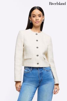 River Island Cream Crop Boucle Trophy Jacket (642915) | AED396