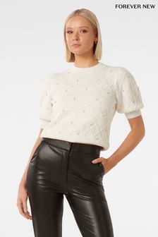 Forever New White Sierra Embellished Sleeve Knit T-Shirt (643042) | $111