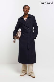 River Island Blue Double Collar Belted Trench Coat (643299) | 445 QAR
