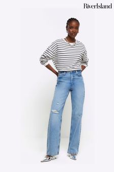 River Island Blue High Rise 90s Straight Ripped Knee Jeans (643369) | €26