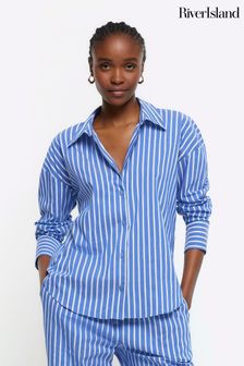 River Island Blue Stripe Wide Cuff  Shirt (643564) | AED198