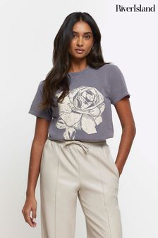 River Island Grey Boyfriend Embellished Rose T-Shirt (643916) | AED159