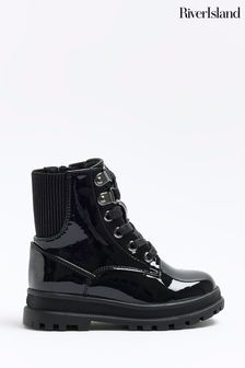 River Island Dark Black Girls Chunky Hiker Lace-Up Boots (645418) | $45