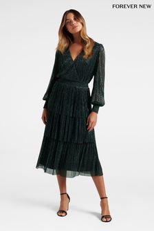 Forever New Green Winifred Plisse Midi Dress (645495) | kr1,623