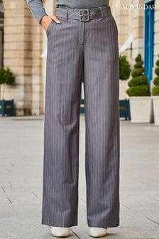 Sosandar Grey Pinstripe Belted Wide Leg Trousers (647405) | OMR23