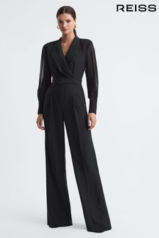 Reiss Black Flora Sheer Belted Double Breasted Jumpsuit (647649) | $469
