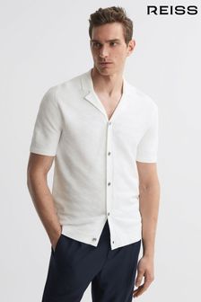 Reiss White Lunar Textured Cuban Collar Button-Through Shirt (647691) | $188