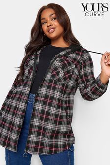 Yours Curve Black Hooded Zipped Check Shirt (647869) | LEI 197