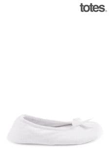 Totes White Isotoner Terry Ballet Slippers With Bow (647946) | $50
