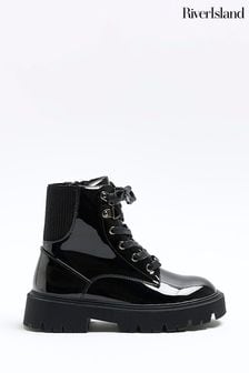 River Island Black Wide Fit Chunky Hiker Lace-Up Girls Boots (648686) | €50