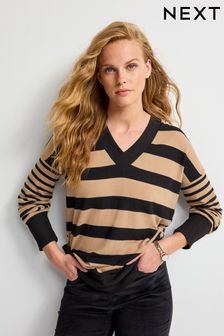 Neutral/Black Stripe Cosy Lightweight Soft Touch Longline V-Neck Jumper Top (648833) | AED64